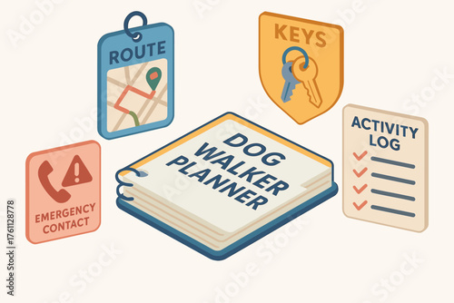 Dog walker planner with route, keys, emergency contact, and activity log icons