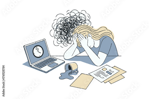 Stressed woman holding head at desk with broken laptop, spilled coffee, and documents, hand-drawn style on white, concept of burnout