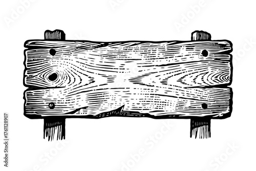 Hand-drawn rustic wooden signboard with wood grain detail in sketch style on white background, concept of vintage signage