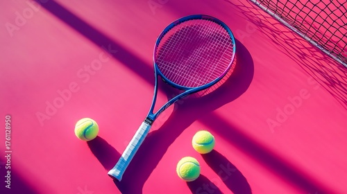 artistic racket and balls on vibrant pink tennis court with powder light accent
