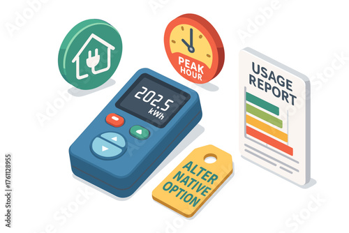 Smart energy meter with usage report, home icon, and energy-saving tag