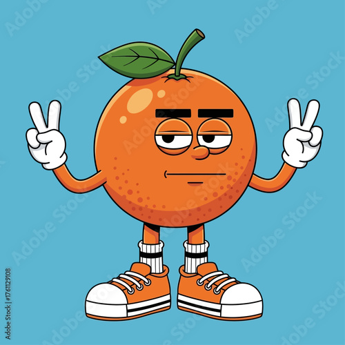 Funny orange fruit mascot with a bored face making peace signs with both hands. Cool citrus character in sneakers, isolated vector illustration