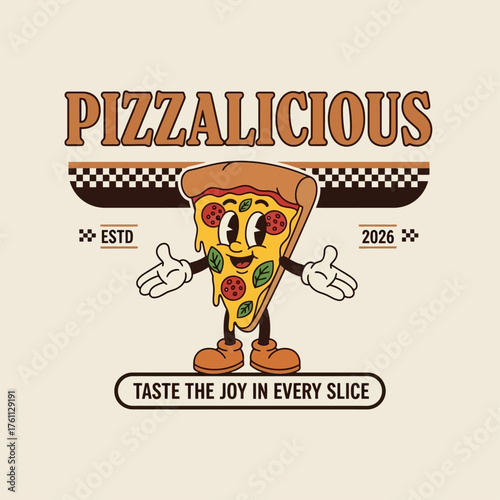 A charming retro cartoon mascot of a smiling pizza slice character, designed in a classic vintage style with a welcoming gesture