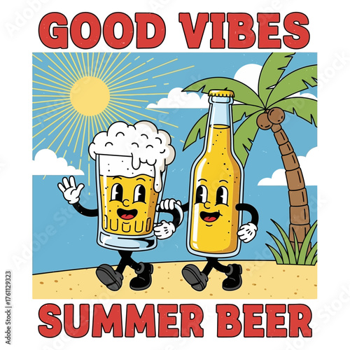 Vintage mascot illustration of a beer bottle and pint glass friends enjoying a walk on a summer beach with a palm tree