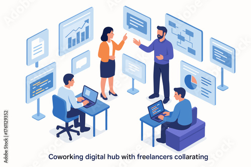 Digital coworking hub with diverse freelancers collaborating on projects