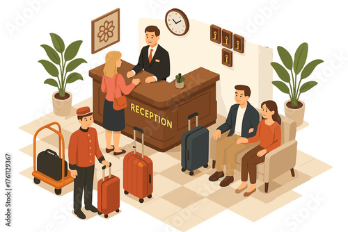 Isometric hotel reception scene with staff and guests