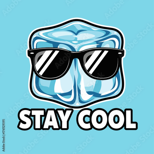 A funny cartoon illustration of a cool ice cube mascot character wearing sunglasses with the 'Stay Cool' typography. Vector art for summer