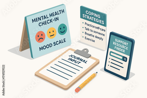 Mental health tools: mood scale, journal input, coping strategies, support resources
