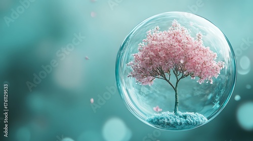 tiny blooming tree suspended in a bubble in ambient lighting showcasing texture clarity
