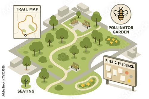 Community park design with trail map, pollinator garden, seating, and public feedback