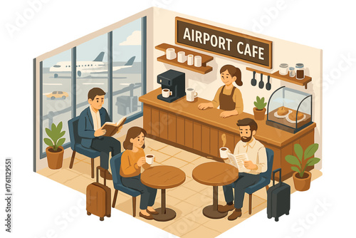 Diverse people enjoying drinks in cozy airport cafe