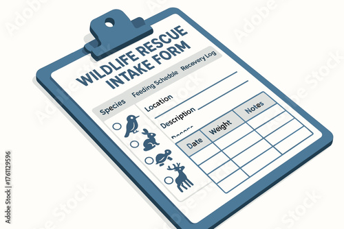 Wildlife rescue intake form on blue clipboard with animal icons