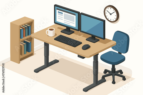 Modern home office setup with dual monitors and adjustable desk