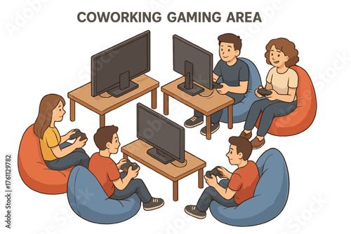 Diverse group of young adults gaming together in cozy coworking area