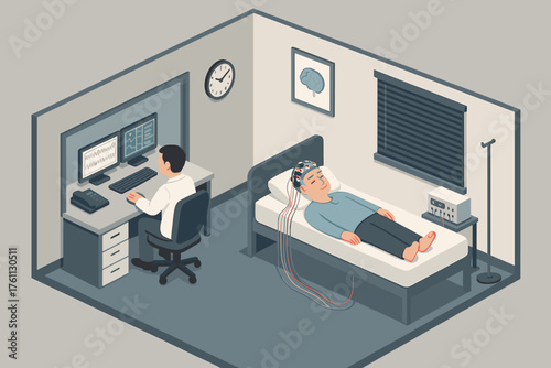 Male undergoing sleep study with eeg monitoring in clinic setting