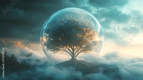 fantasy glowing tree encased in a light orb suspended in soft fog with subtle texture clarity