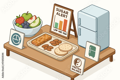 Nutritional balance table with sugar alert in a kitchen setting