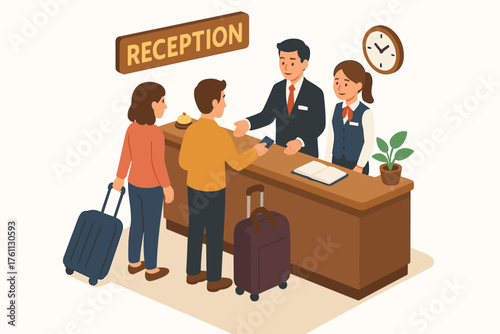 Hotel reception interaction with guests and staff including luggage and desk setup