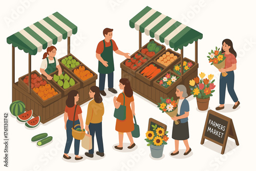 Farmers market scene with diverse shoppers and vendors at vegetable stalls