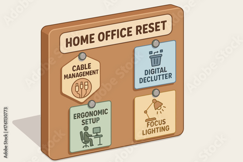 Home office reset board with tips for cable management and ergonomic setup