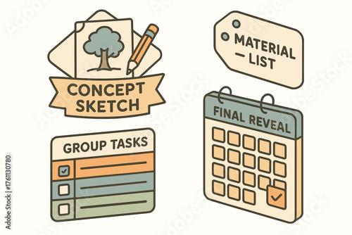 Project planning icons: concept sketch, group tasks, material list, final reveal calendar