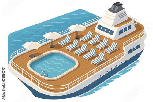 Stylish luxury yacht with pool and sun loungers on ocean water