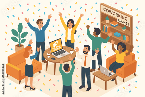 Diverse team celebrates product launch in modern coworking space