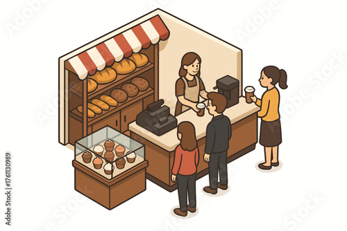 Isometric bakery scene with female barista serving customers at coffee shop counter
