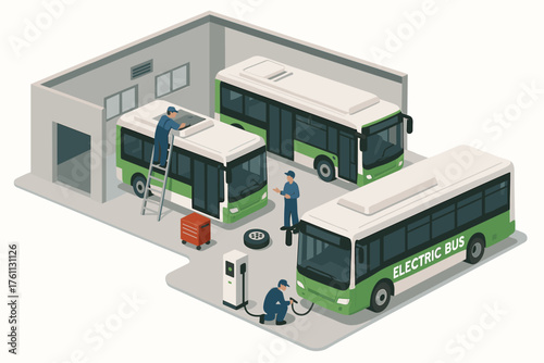 Electric bus maintenance garage with charging station and technicians in uniforms