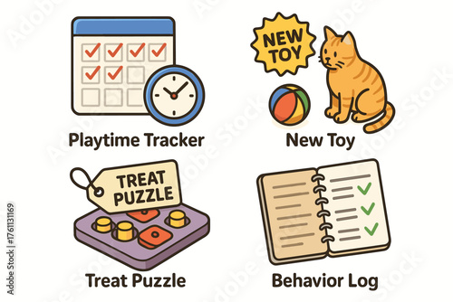 Pet care icons: playtime tracker, new toy, treat puzzle, behavior log