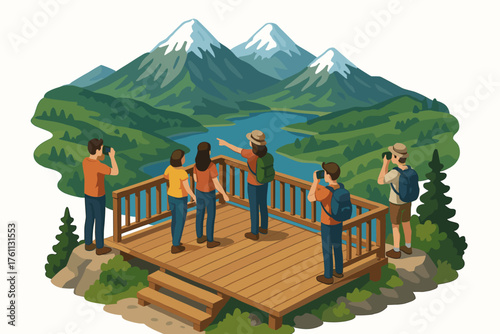 Group enjoying mountain view from scenic overlook platform