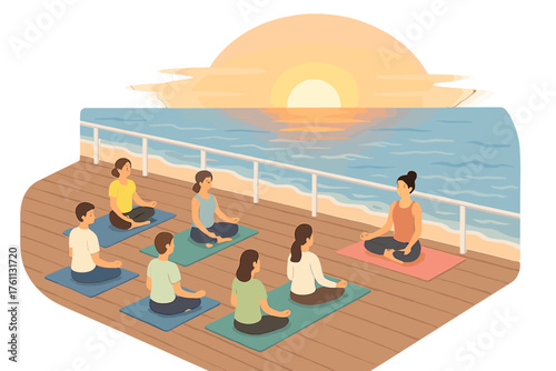 Sunset yoga meditation group on ocean deck with diverse adults