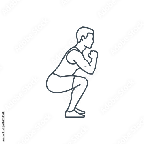 Line drawing of a man in a squat position, demonstrating a fitness exercise with bent knees and clenched fists.