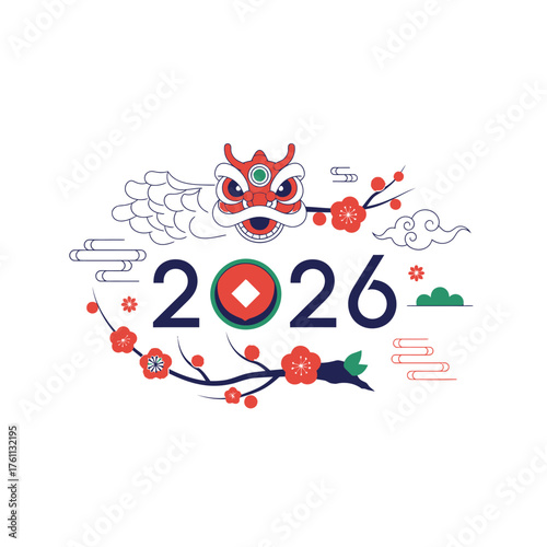 Festive 2026 Chinese New Year design featuring a lion dance mask, traditional coin, and cherry blossoms.