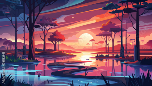 Floodplain illuminated by sunset, reflections of orange and pink light dancing on water, peaceful yet powerful scene after storm