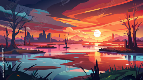 Floodplain illuminated by sunset, reflections of orange and pink light dancing on water, peaceful yet powerful scene after storm