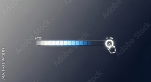Futuristic loading bar with progress from 2025 to 2026, symbolizing advancement and anticipation on a gradient background
