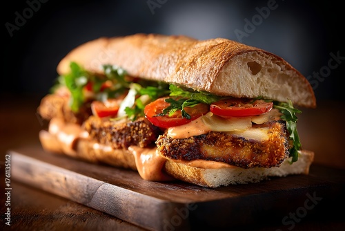 Delicious gourmet sandwich with fresh ingredients on wooden board
