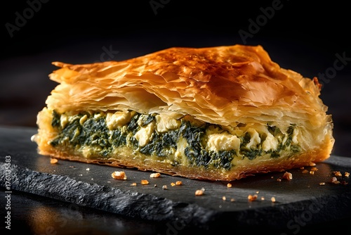 Golden, flaky spanakopita slice with spinach and feta on dark stone