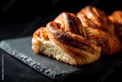 Freshly baked cinnamon swirl pastry on dark slate with soft light