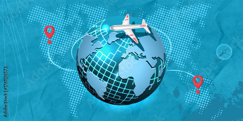 An abstract halftone collage of global logistics, against the backdrop of a world map and an airplane flying on a business trip. Transport, import-export, and logistics, travel concept.
