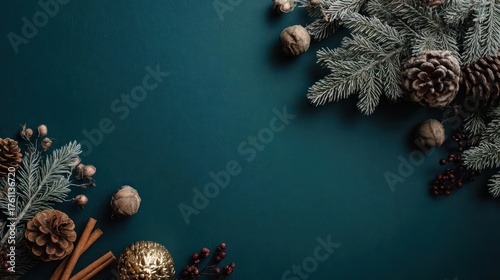 Festive dark teal background with natural christmas decorations including pine cones and fir branches