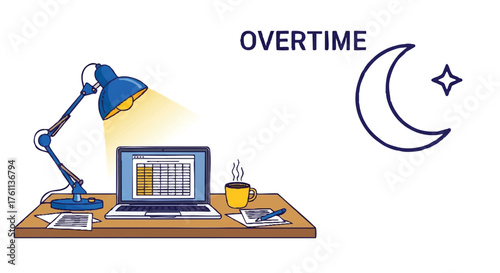 16. **overtime work desk with lamp and moon outline icon vector full color**

