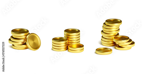 Stacks of Gold Coins on White Background stock