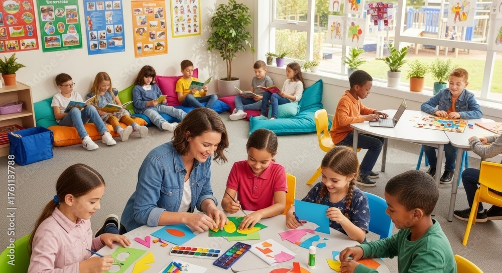 Fototapeta premium Diverse classroom with children engaged in art and reading activities under teacher guidance