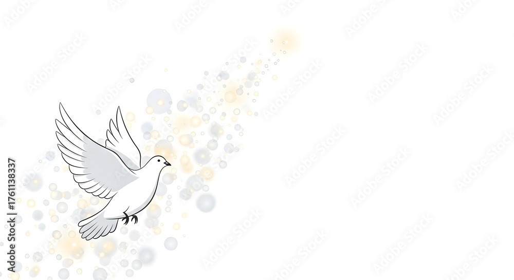 Obraz premium Elegant white dove in flight with dreamy bokeh circles, perfect for weddings, peace initiatives, or serene spiritual designs with light accents