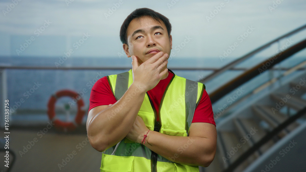 Fototapeta premium Man wearing reflective vest on cruise ship contemplating scenery with thoughtful expression against ocean backdrop suggesting tranquility and reflection.