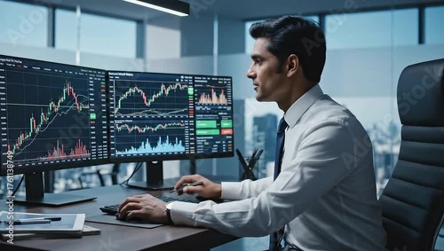 Businessman analyzing stock charts on dual monitors, modern office lighting, focused financial strategy mood