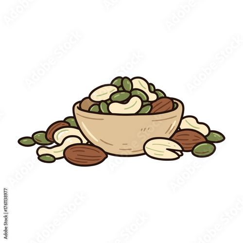Bowl filled with nuts and seeds mix with joy and healthiness
