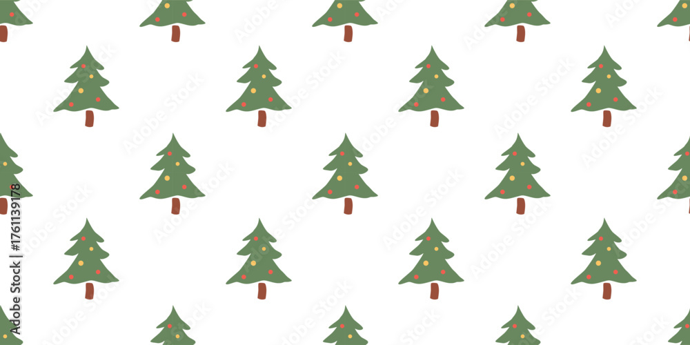 Obraz premium Seamless vector pattern featuring green Christmas trees with colorful red and yellow ornaments on a white background. Festive and modern holiday backdrop for various creative projects